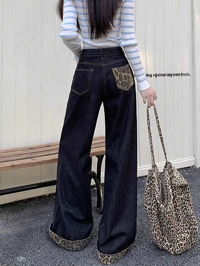 复古黑色豹纹卷边阔腿高腰宽松撞色直筒牛仔裤