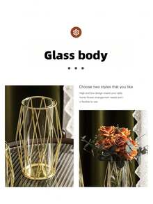 1pc Iron Geometric Simple Glass Hydroponic Vase, Classic Geometric Cylindrical Shape Light Luxury Style Vase, Home Decoration, Suitable For Living Room Wine Cabinet, Desktop Decoration