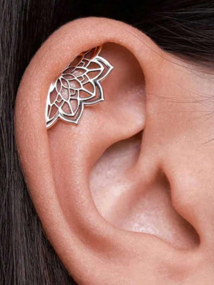 1pc Boho Style Spiral Earring, Geometric Lotus Pattern, Hidden Spiral Piercing, Cartilage Design, Bohemian Silver Color, Mystical Jewelry. Christmas Accessory, Gift