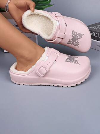 Zuecos forrados de felpa para mujer - Zapatos de invierno ligeros de EVA con forro de tela suave, diseño de punta redonda simple, fácil de lavar a mano, adecuados para uso interior/exterior, pantuflas para mujer