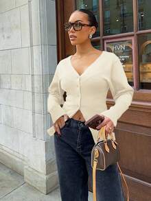 For Love & Bella Women's Sexy & Elegant Deep V-Neck Solid Brown Knit Cardigan, Fitted Minimalist Button Front Knit Sweater, Autumn/Winter - Apricot - View 2