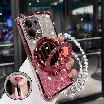 Nova Capa Anti-Queda de 4 Cantos para Celular + Corda Pendurada com Pérolas Brilhantes Rosa, Espelho de Maquiagem Circular Brilhante Rosa, Suporte Magnético Integrado, Compatível com iPhone 17/6/7/8/X/XS/XR/11/12/13/14/15/16, Galaxy S22/23/24, A04/05/06/A14/A15/A16/A24/A25/A34, Redmi Note 7/8/9/10/11/12/13, Redmi 9/10/12/13C, OPPO, MOTO, Honor X, HW, Realme C53 C55