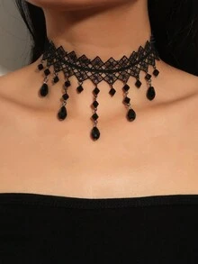 1pc Gothic Lace Collar Chain Black Crystal Tassel Necklace, Punk Chic Necklace Choker Suitable For Daily, Party, Street Wear - Black - View 1