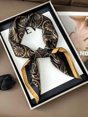 1pc Women's Black & Gold Cashew Flower Pattern Elegant 70cm Square Scarf, Versatile & Stylish Neck Wrap