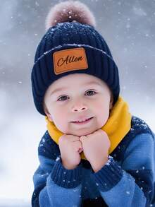 Personalized Kids Knitted Beanie Hat With Single Pom Pom, Multi-Color Options, Leather Label For Engraving, Suitable For Older Children, Winter Outings, Family Gatherings, Etc.