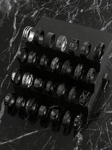 3/6/9/12/15/20 件时尚不锈钢深色风格男士戒指套装，包含铜币、蝙蝠、罗马数字、音符、星星和月亮、扭曲元素，适合日常佩戴、节日、订婚、婚礼、万圣节，款式和尺寸随机 - 黑色 - 查看 12