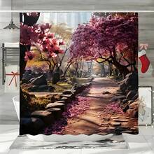 1 pièce Rideau de douche à motif paysage floral rose, rideau de douche imperméable avec crochets, séparateur de salle de bain, accessoire de décoration de salle de bain, décoration de Noël