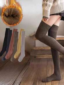 1 Pair Women's Thick Thermal Lined Over-The-Knee Socks, Suitable For Daily Wear In Winter