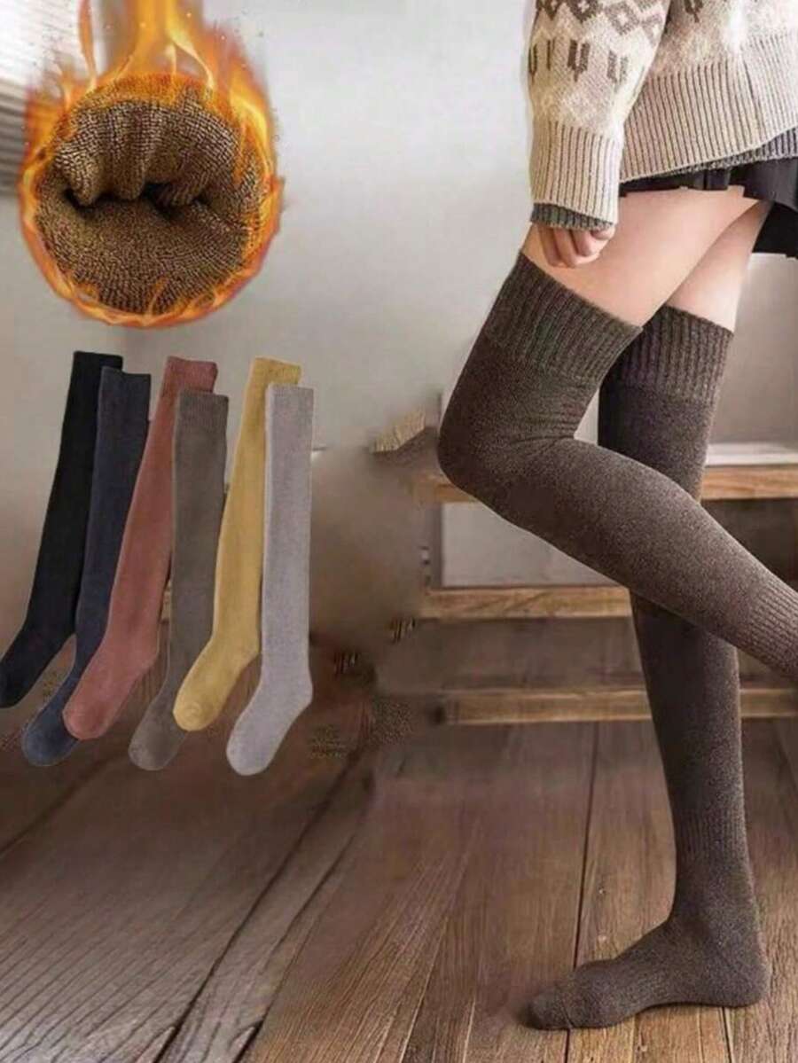 1 Pair Women's Thick Thermal Lined Over-The-Knee Socks, Suitable For Daily Wear In Winter