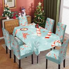1/4/5/6/7/36 pièces Ensemble de housses de chaise/housses imprimées de canne de bonbon rayée rouge et blanche et de flocon de neige, convient pour la maison, le restaurant, l'hôtel, idéal pour la décoration quotidienne moderne. La nappe s'adapte à une table carrée, la housse de chaise élastique est lavable.