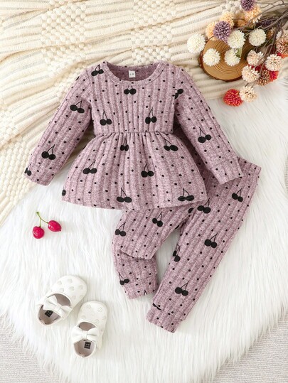 2pcs Baby Girl Comfortable & Cute Ribbed Cherry Decor Long Sleeve Top And Pants Set, Spring/Autumn