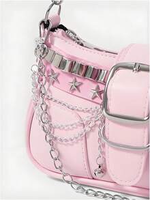 Y2K Star &Y2K Fashionable Multi-Functional Star & Moon Design Unique Pink Chain Decor Crossbody Bag, Ladies Baguette Bag, Niche Design, Steampunk, Gothic, Ladies Bag, Cool Girl Streetwear, Music Festival, Party, Ladies Rock Style Bag Suitable For Girls'' Street Style, Celebrity Same Style Printed Female Shoulder Bag, Y2k Bag, Gothic Punk Bag For Women, 2000s Fashion Style Bag For Women,Christmas Outfit,,Christmas Campus,,Holiday Travel,Christmas Party - 彩色 - 查看 8