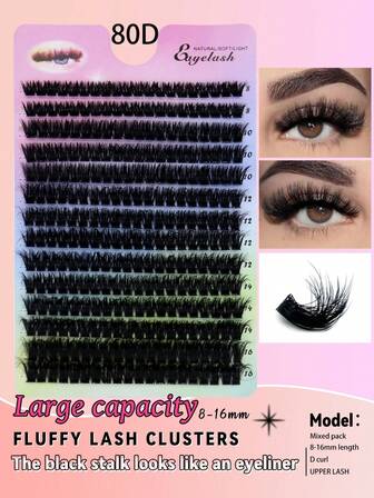 14 rangées de rallonges de cils recourbés D, 280 pièces de bouquets de cils fins et touffus, extensions de cils indépendantes de 8 à 16 mm, imperméables, faux cils noirs, extensions de bouquets de cils souples et minces, pour scène, opéra et usage quotidien, cils faux épais et moelleux, densités multiples, naturels, européens et américains