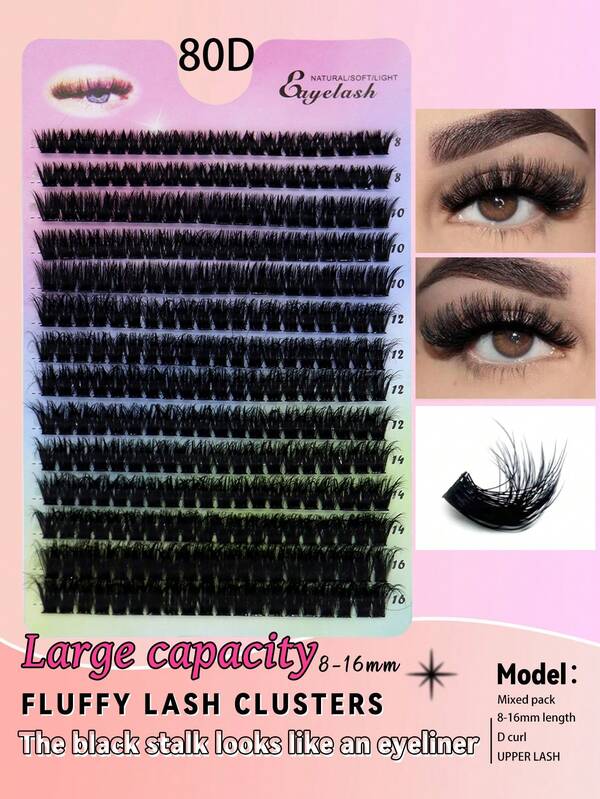 14 Rows D Curl Lash Extension Makeup Tool 80D, 280PCS Lash Clusters Slim Tufted Lash Extensions Fluffy Independent Lashes 8-16mm Waterproof False Black Lashes Extension Cluster Lashes Soft Thin Band Stage Opera Daily Thick Fluffy Soft False Lashes Multiple Densities Natural European And American