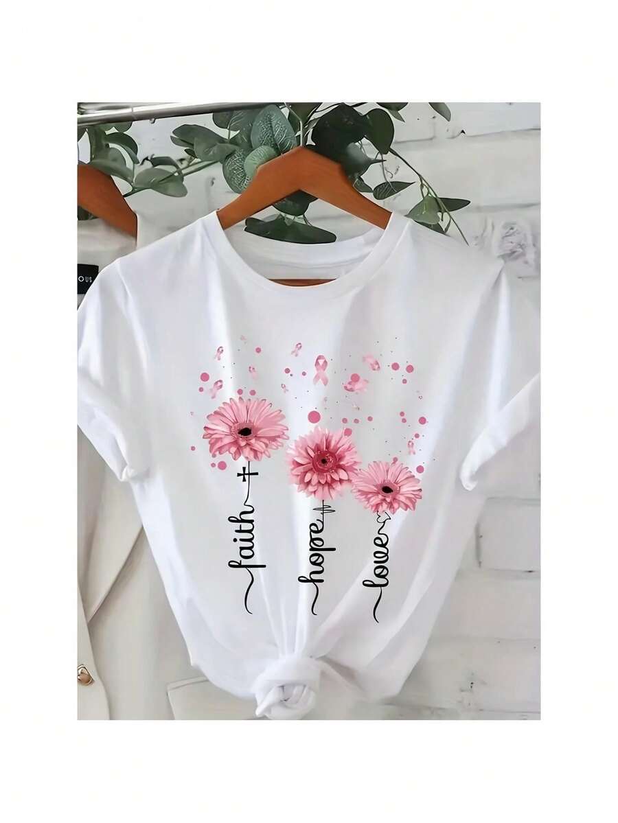 Plus Size Floral Print Crew Neck T-Shirt - Casual &Amp; Comfortable Women's Tee With "Faith, Hope, Love" Design - Short Sleeve, Soft Fabric, Perfect For Casual Attire - 白色 - 查看 1