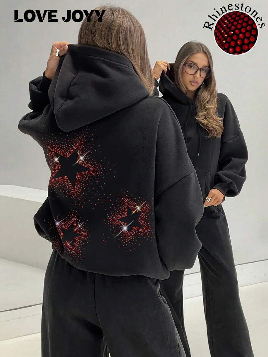 LOVE JOYY Fashionable Loose Fit Hoodie Sweatshirt With Rhinestone Embellishment - Black - View 1