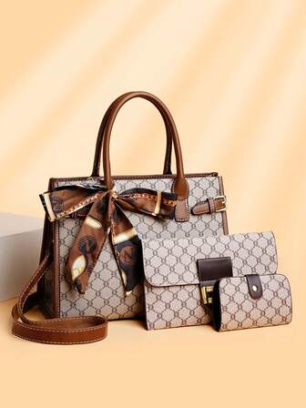 3pcs/Set Fashionable Large Capacity Floral Pattern Tote Bag With Random Scarf Design