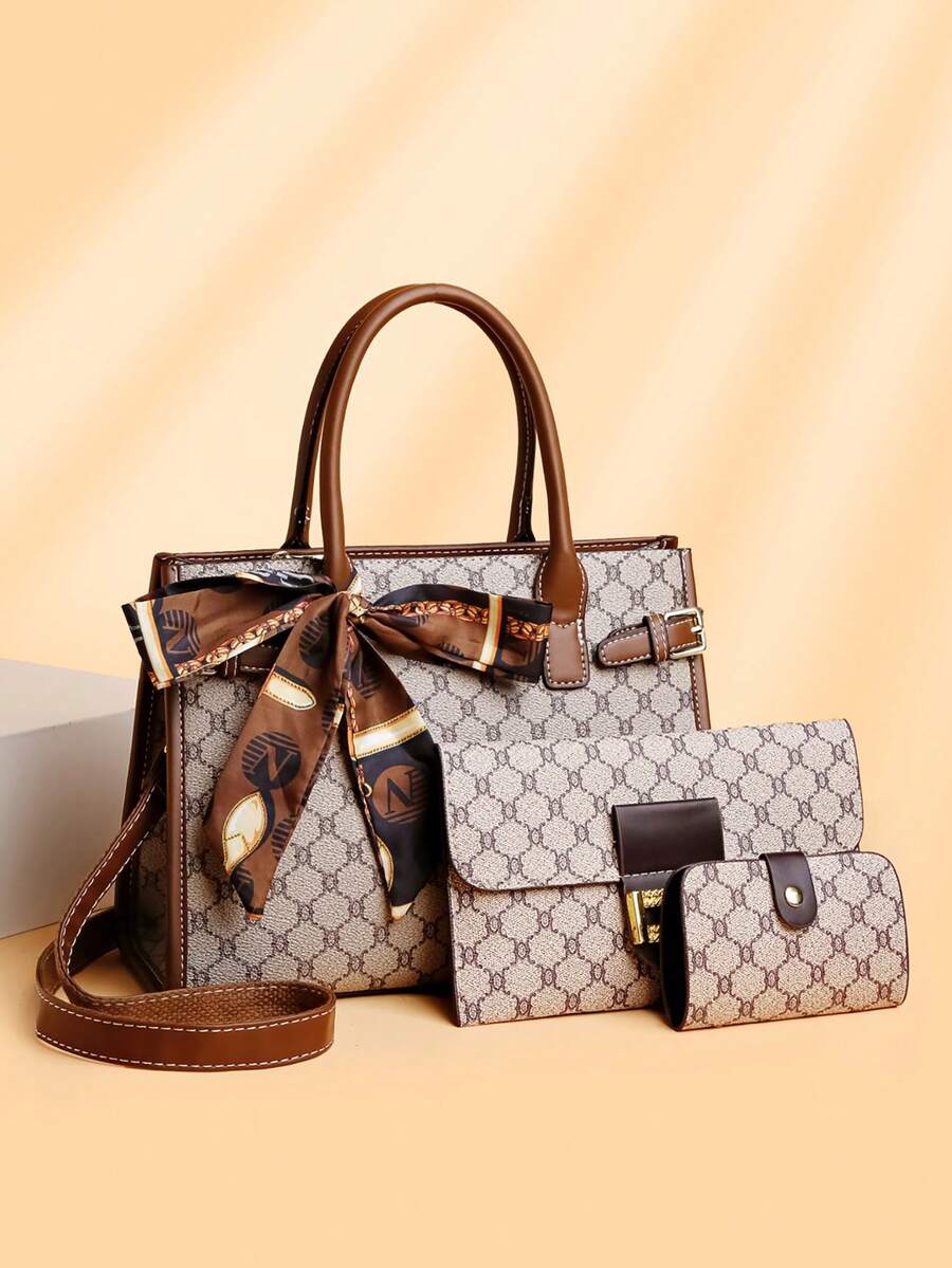 3pcs/Set Fashionable Large Capacity Floral Pattern Tote Bag With Random Scarf Design - Grey - View 1