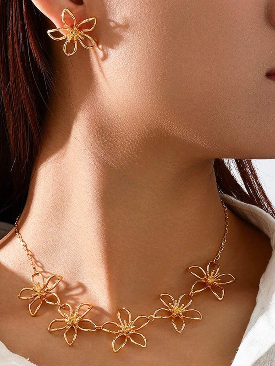 1 Set de collar con colgante de flor, corazón y lágrima y aretes, diseño de moda, joyería única y creativa para mujeres, adecuada para múltiples ocasiones, gran opción de regalo (empaque en bolsa OPP)