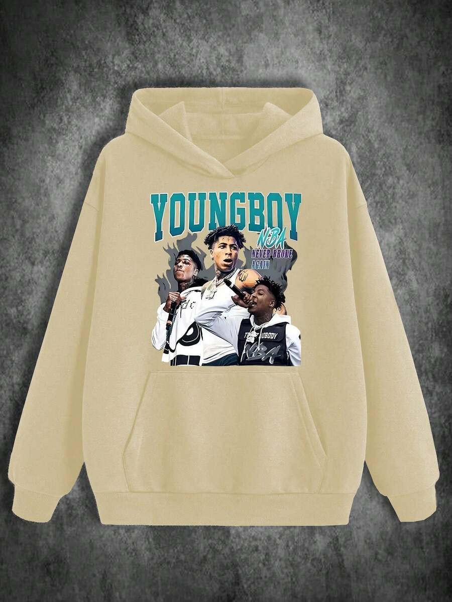 Men's 450g Heavyweight Hoodie | Hip-Hop Rap Street Style | Graphic Of YoungBoy Never Broke Again | Vintage Apparel, Loose Fit | Autumn/Winter Pullover With Pocket | Ideal Gift For Friends Or Family Members - 杏色 - 查看 1