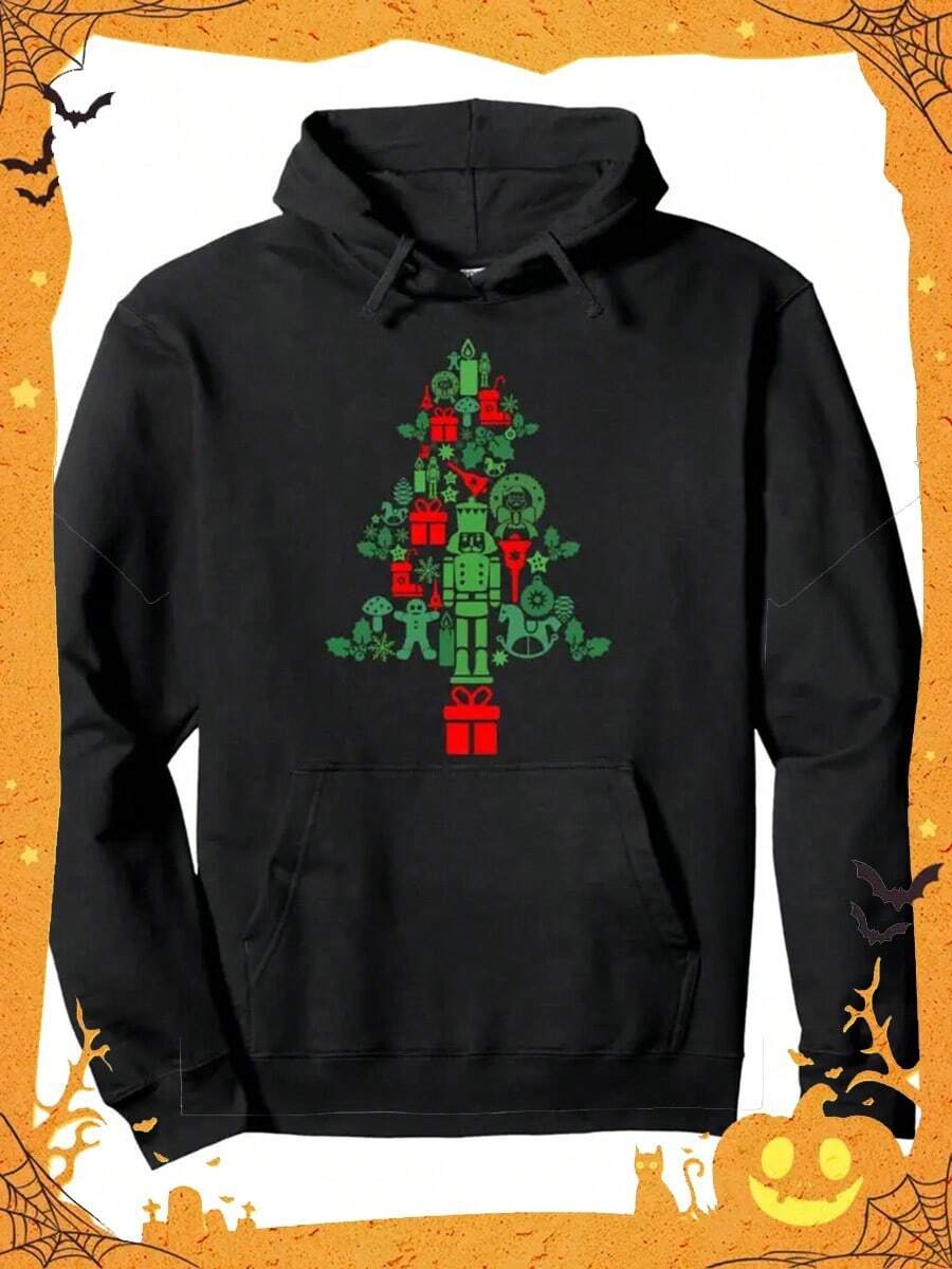 Decorated Christmas Tree Pullover Hoodie For Adult, Crew Neck Sweatshirt, Ultra Soft, Breathable, Casual Loose Y Long Sleeve Hooded Sweats,Fall Hoodies,Men's Fall Clothes,Street Wear,Halloween,Mens Hoodies,Y2k Clothes,Jesus Hoodie,Thanksgiving Day,Nightmare Before Christmas,Christmas - 黑色 - 查看 1