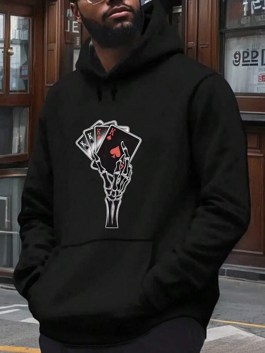 Men's & Boys' Halloween Skeleton Playing Cards Print Hooded Sweatshirt - Spooky Red & Black Graphic Fleece Pullover, Warm Casual Fall Winter Hoodie For Teens & Young Adults, Easy Care Gothic Style Top,Fall Hoodies,Men's Fall Clothes,Street Wear,Halloween,Mens Hoodies,Y2k Clothes,Jesus Hoodie,Thanksgiving Day,Nightmare Before Christmas,Christmas - Black - View 1