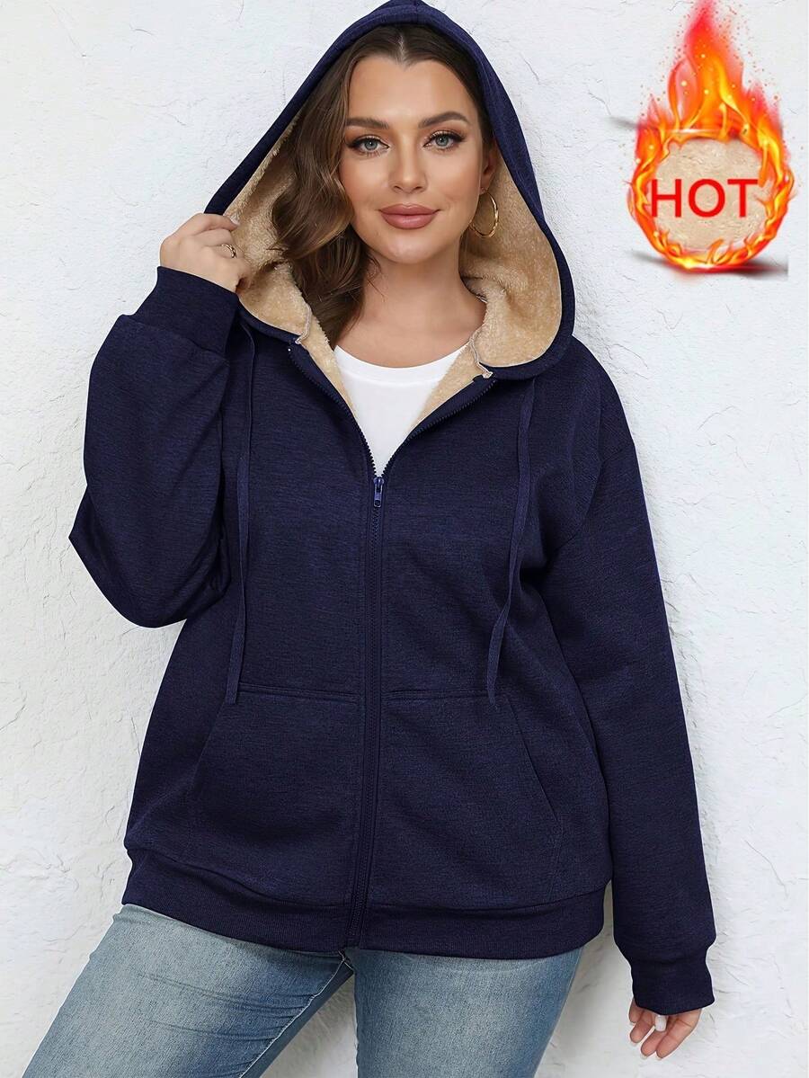 Plus Size Women Warm Fleece Hooded Pocket Casual Jacket, Winter - Navy Blue - View 1
