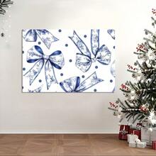 1Pc Solid Wood Frame Blue And White Floral Bow, Polka Dot Background, Hand-Drawn Illustration Style Theme Canvas Posters & Prints, Large Canvas Wall Art, 2D Flat, Easy Hang Tabletop Or Wall Display, For Halloween, Christmas Gifts, Bedroom, Living Room, Decoration Ready To Hang - Multicolor - View 3
