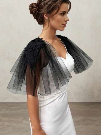 1 Pair Black Wing Studded Tulle Epaulets Dark Bride Accessories, 30cm