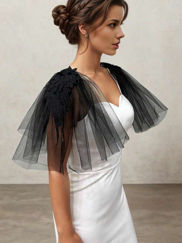 1 Pair Black Wing Studded Tulle Epaulets Dark Bride Accessories, 30cm