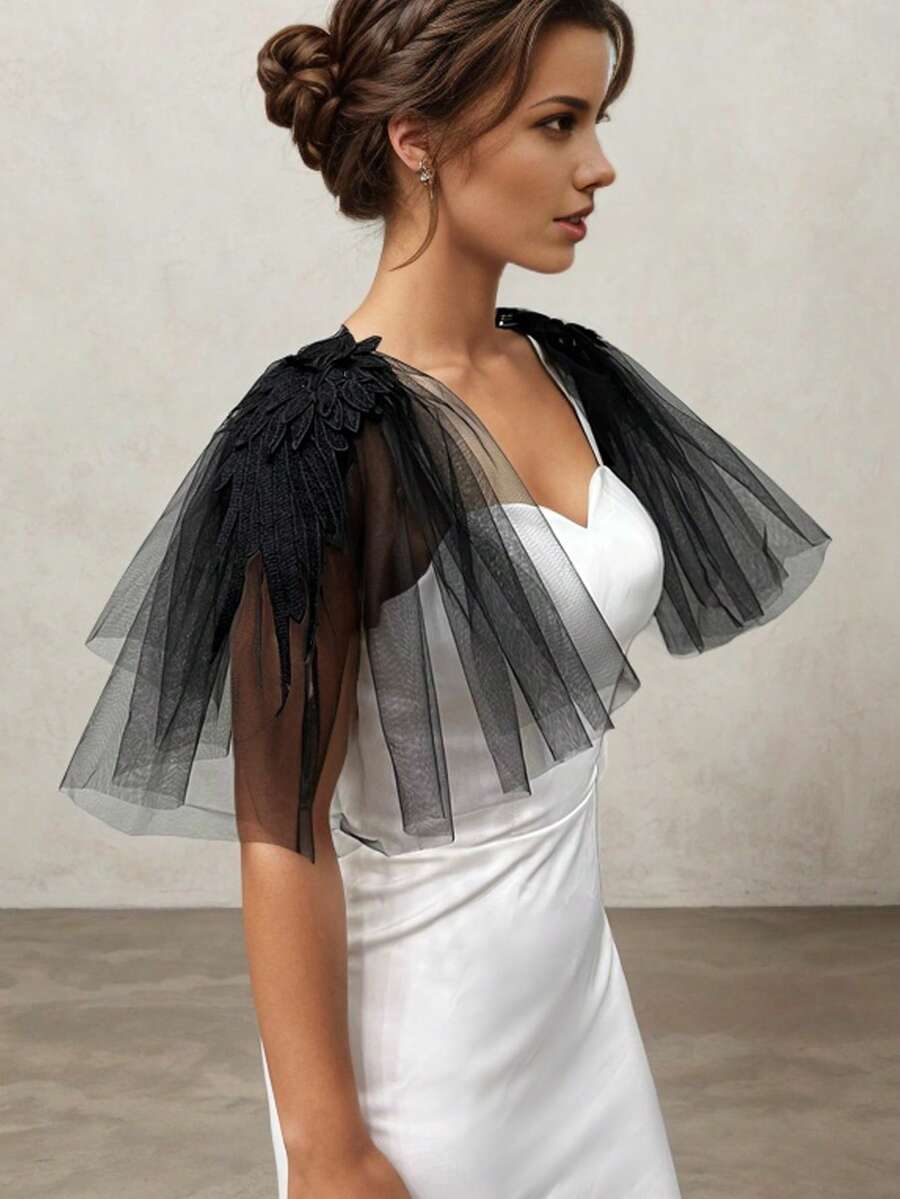 1 对黑色翼形铆钉薄纱肩章深色新娘配饰，30 厘米女士秋装 - 彩色 - 查看 1