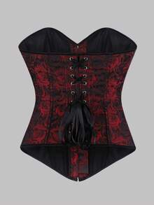 1pc Women's New Vintage Tight Bustier, Rose Flower All-Over Print Corset, Classic Strapless Sexy Elegant Overbust Shapewear For Outerwear, Suitable For Valentine's Day, Halloween Or Daily Gatherings - Burgundy - View 4