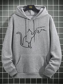 K-GLORY 男士连帽衫，新款秋冬街头风线条艺术猫咪击拳印花抓绒套头卫衣 - 灰色 - 查看 4