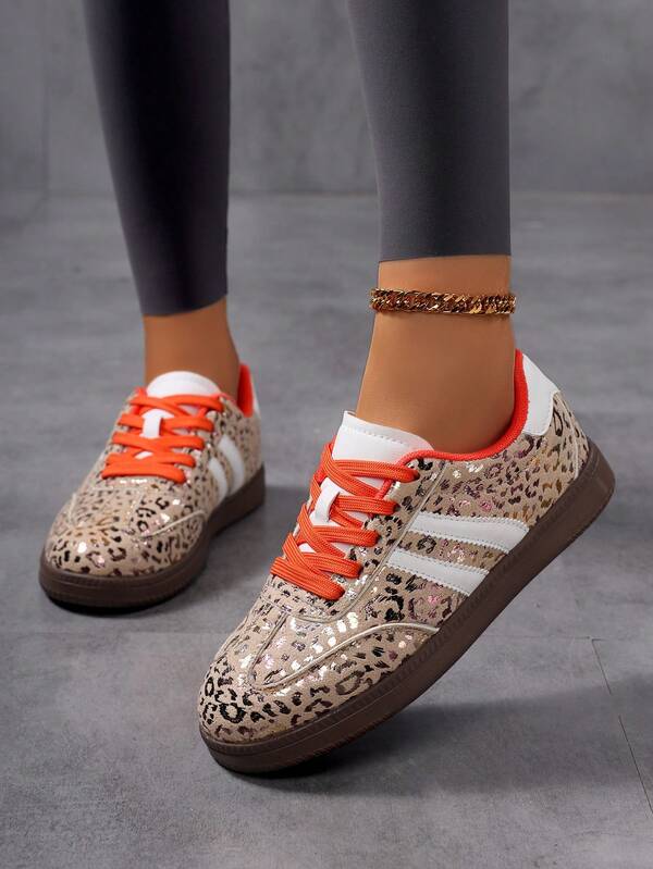 Damen Leoparden Muster Farbblock Lässig Flache Sneaker, bequeme vielseitige Low-Top Schnür-Modische Athletische Trainer