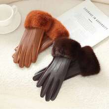 Winter Luxury Women's PU Leather Gloves Wrist Soft Faux Fur Trim Cuff Fashion Elegant Party Warm Touch Screen Drive Cycling - Brown - View 3