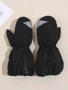 1 Pair Kids (2-4Y) Winter Solid Color Outdoor Windproof Warm Lined Zipper Waterproof Ski Gloves