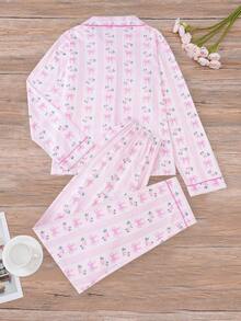 Set de pijamale pentru femei cu 2 buc., cu decor floral și fundă, top cu mânecă lungă și pantaloni largi cu talie elastică, potrivit pentru primăvară, toamnă, iarnă, petreceri de sărbători, pijamale casual și lenjerie de casă, haine de toamnă