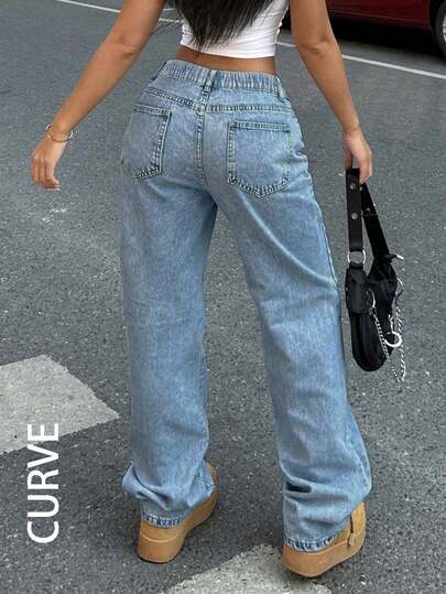 Jeans anchos y sueltos de talla grande para mujer, sin estiramiento, desgastados y lavados, color azul claro elegante