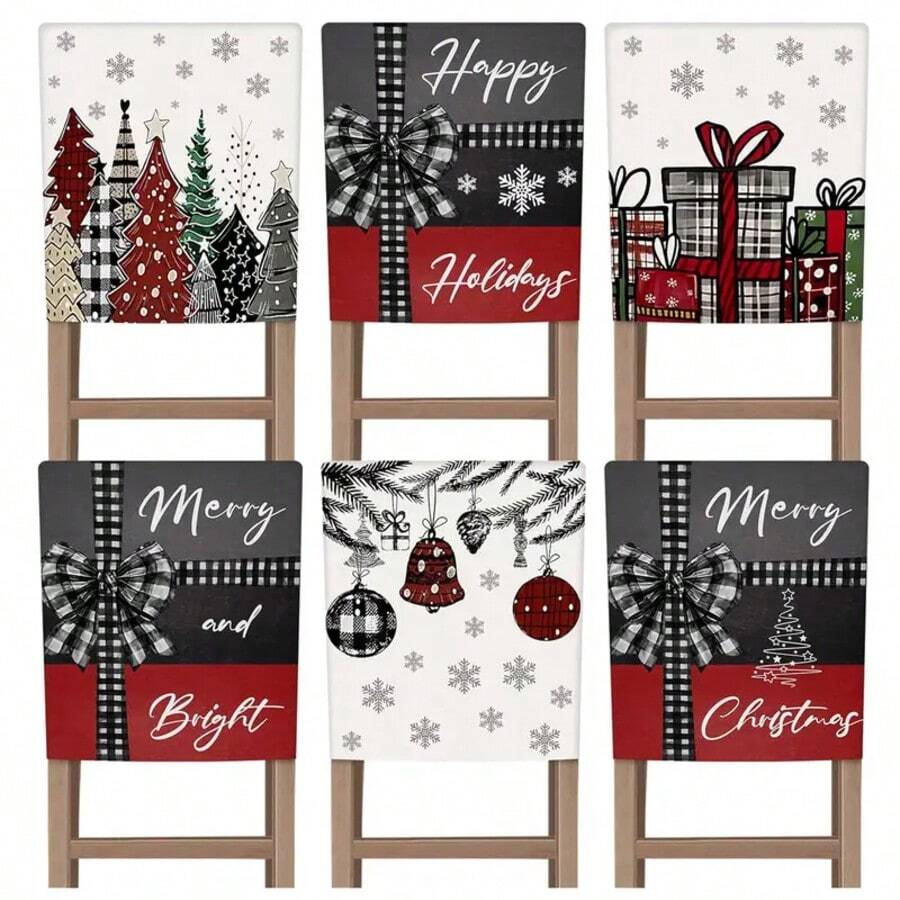 6 housses de chaise de Noël avec des designs festifs représentant des flocons de neige, des arbres et des cadeaux, des motifs rayés, lavables en machine, convenant pour les fêtes, les mariages et la décoration de la maison, ornements de Noël.