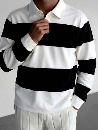 La nueva sudadera tipo polo a rayas para hombres, simple y versátil, es una sudadera casual de moda para el otoño y el invierno