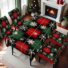 1/4/5/6/7/36 pièces Housse de chaise/Housse de siège à carreaux rouges, verts et noirs avec imprimé flocon de neige blanc, convient pour la maison, le restaurant, l'hôtel, un choix idéal pour la décoration quotidienne moderne. La nappe s'adapte à une table carrée, la housse de chaise élastique est lavable.