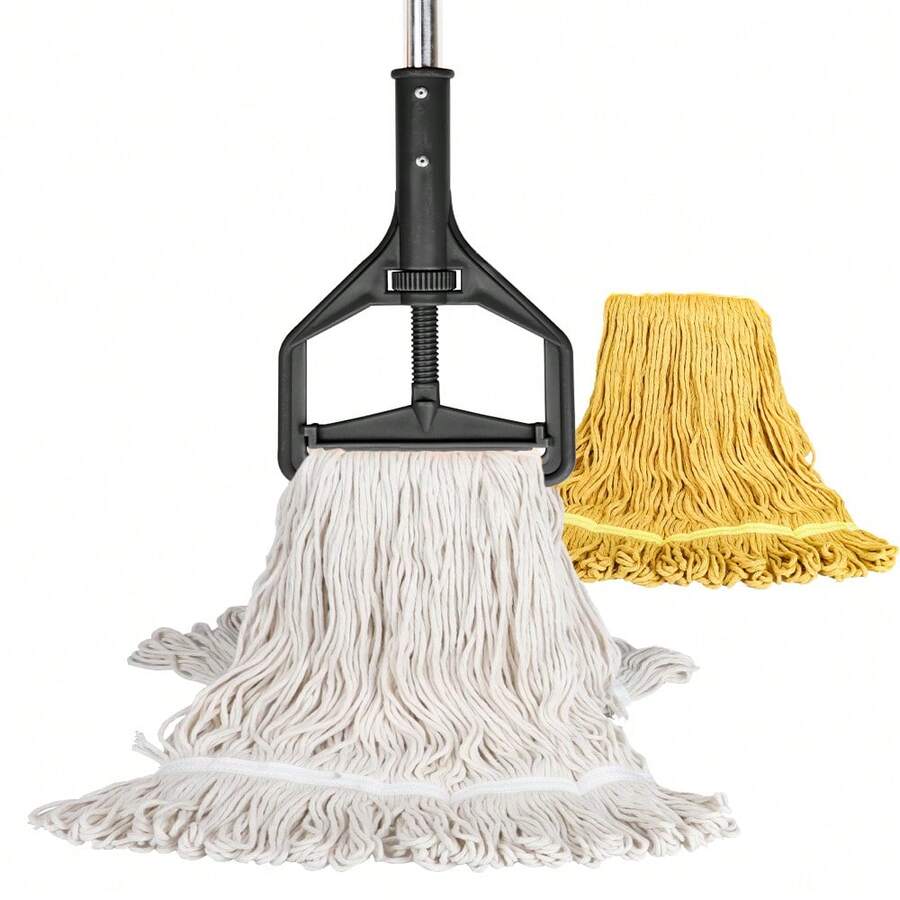 Wet String Mop For Floor Cleaning, Heavy Duty Mop With 2 Reusable Heads, Long Handle Industrial Cotton Mop For Restaurant Home Garage Office Patio Warehouse - 黑色 - 查看 1