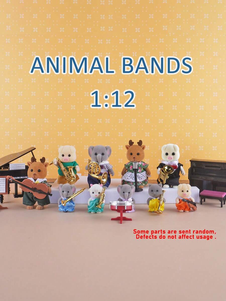1pc Realistic Mini Animal Koala, Deer, Dog Family Of 4 With 16pcs Miniature Piano & Musical Instrument Model Set, Children Pretend Play Toy, Dollhouse Accessories, Photo Props, Birthday & Holiday Gift (Animal Outfit Color Random), May Be Compressed During Shipping