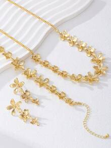 1 Set/1 pieza Conjunto de joyería de pulsera, collar y aretes con cadena y flor delicada y de moda, adecuado para uso diario de mujeres - Collar 57G7 - Ver 7