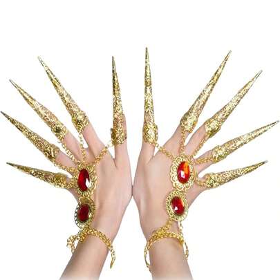 1 件/对指甲延长，万圣节服装金指甲爪手链朋克手指爪环，黑魔法部落篝火舞配饰，复古宝石水晶金可调节开口戒指手链套装