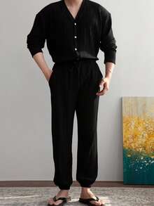 Pantalones con pierna plisada para hombres, cómodos, transpirables y suaves, adecuados para uso casual, vacaciones, uso diario, ir al trabajo y la escuela