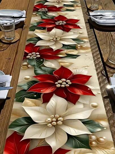 1 pieza, Camino de mesa de lino, Elegante camino de mesa navideño rojo con flores y acentos dorados - Liso, Rectangular, No tejido, Perfecto para cocina, fiestas al aire libre y decoración del hogar para Navidad, Decoración de mesa navideña (13x35.4/47.2/63/72/78.7 pulgadas)