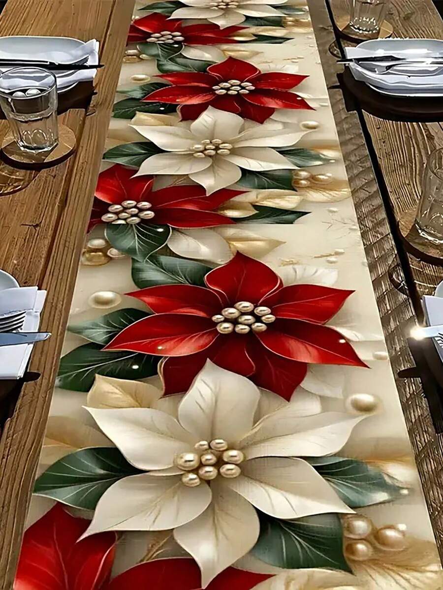 1 buah, Taplak Meja Linen, Taplak Meja Bunga Natal Merah Elegan dengan Aksen Emas - Linen, Persegi Panjang, Bukan Kain, Sempurna untuk Dapur, Pesta Luar Ruangan & Dekorasi Rumah Liburan, Dekorasi Meja Natal (13x35.4/47.2/63/72/78.7 Inci) - MultiWarna - View 1