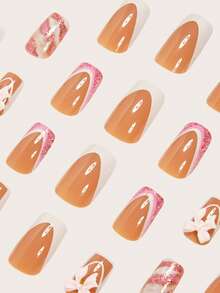 24pcs Instantly Upgrade Your Look With Medium Square Fake Nails Pink 3D Bow And Glitter Design French White Line And Edge Design 1pc Nail File & 1Nail Glue Sticker Kit Nails For Girl Mother Women Gift Whitening Nail Art Set With Detachable Fake Nails For Festival, Party, Date And Daily Wear