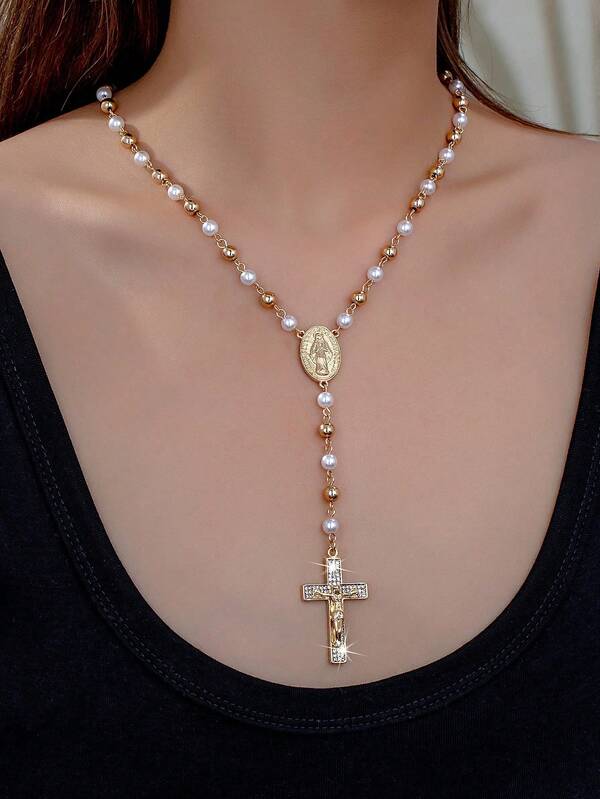 1 pezzo Collana con ciondolo minimalista vintage in finta perla, croce dorata e Vergine Maria, alla moda e versatile, adatta come regalo per la Festa della Mamma